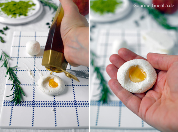 Honey-filled goat cheese balls in a pistachio shell | GourmetGuerilla.de 